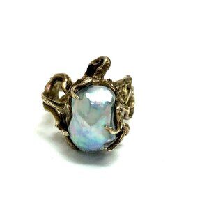 Baroque Pearl Cocktail Ring 14k Gold Bark Motif Estate Jewelry Women's Size 5